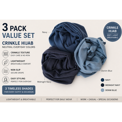 3 Pack Crinkle Hijab Blue Set