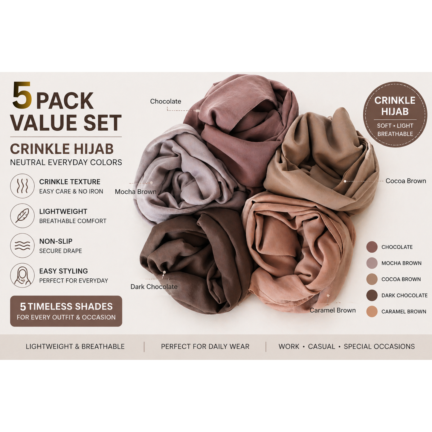 5 Pack Crinkle Hijab Brown Set