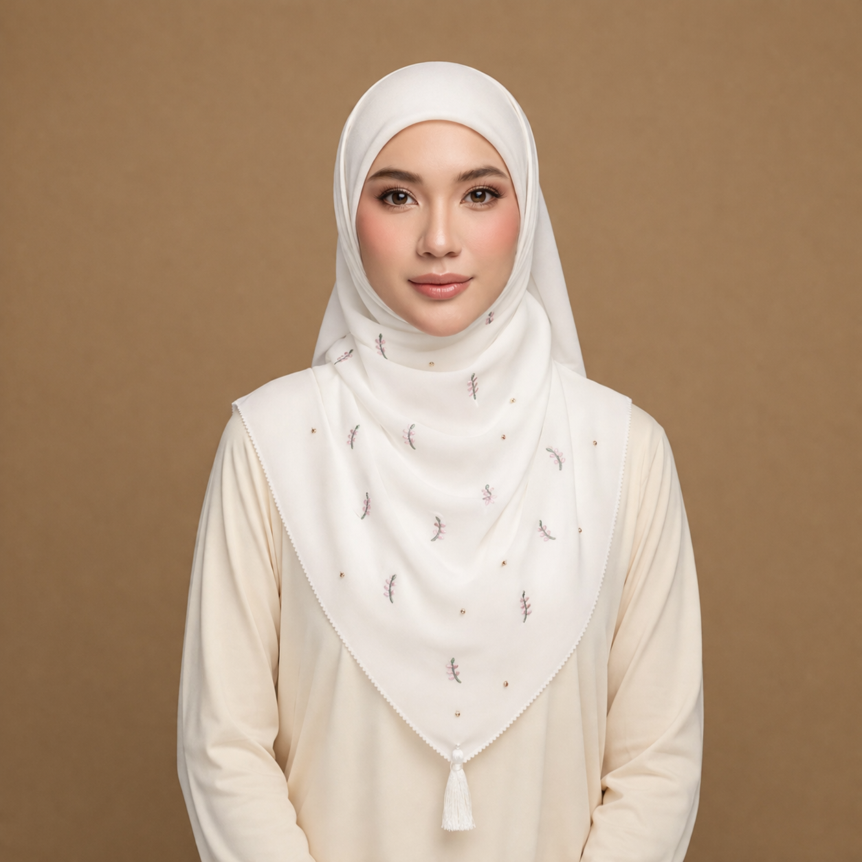 Floral Embroidered Tassel Hijab-White