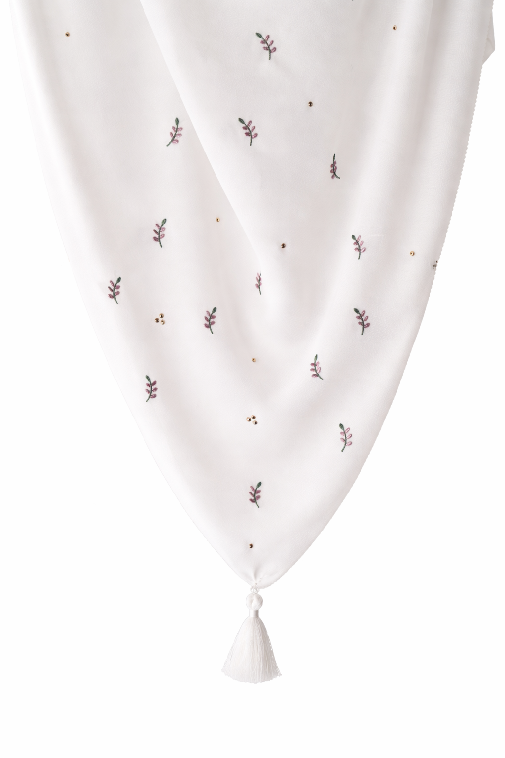 Floral Embroidered Tassel Hijab-White