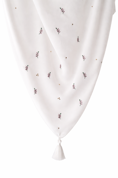Floral Embroidered Tassel Hijab-White