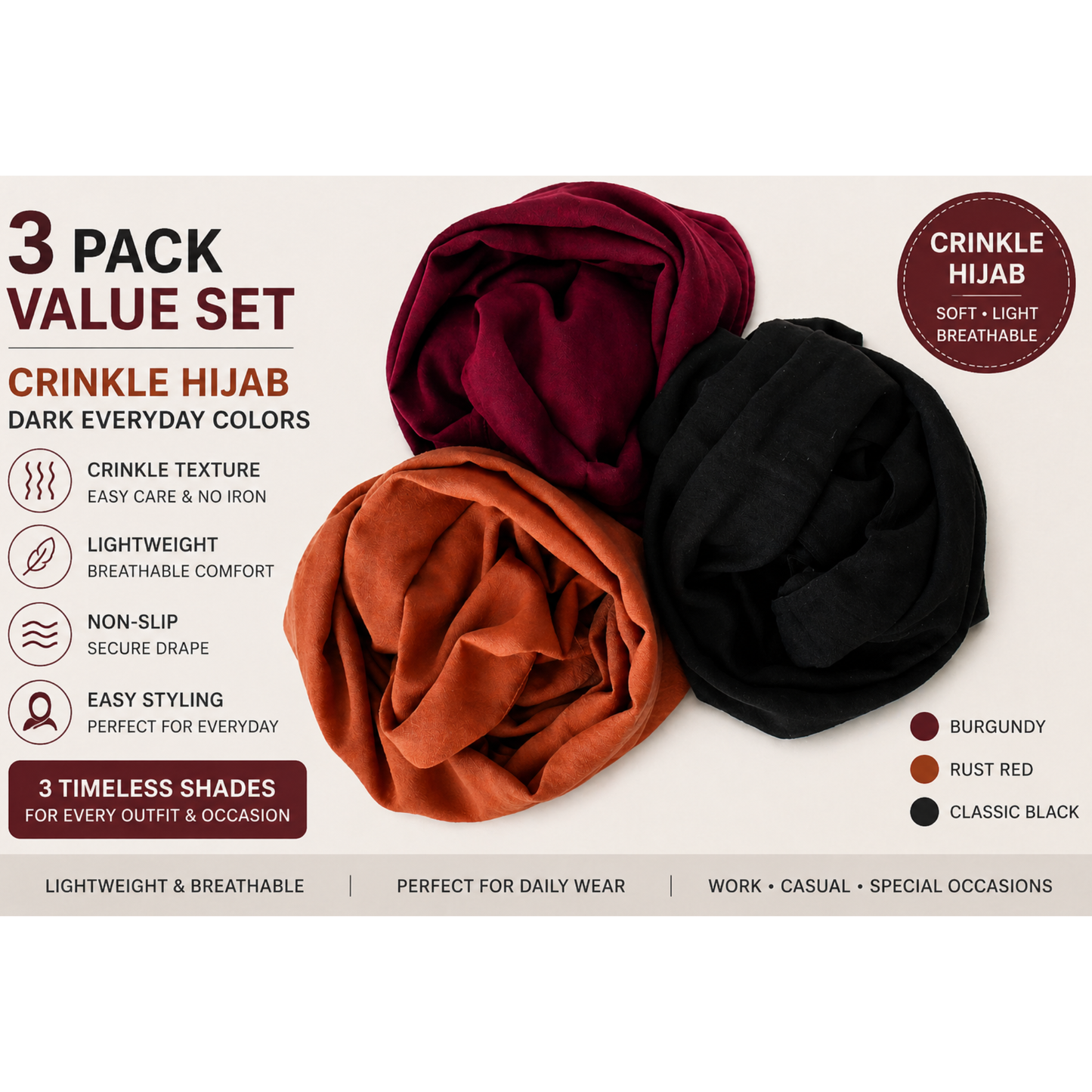 3 Pack Crinkle Hijab Dark Set