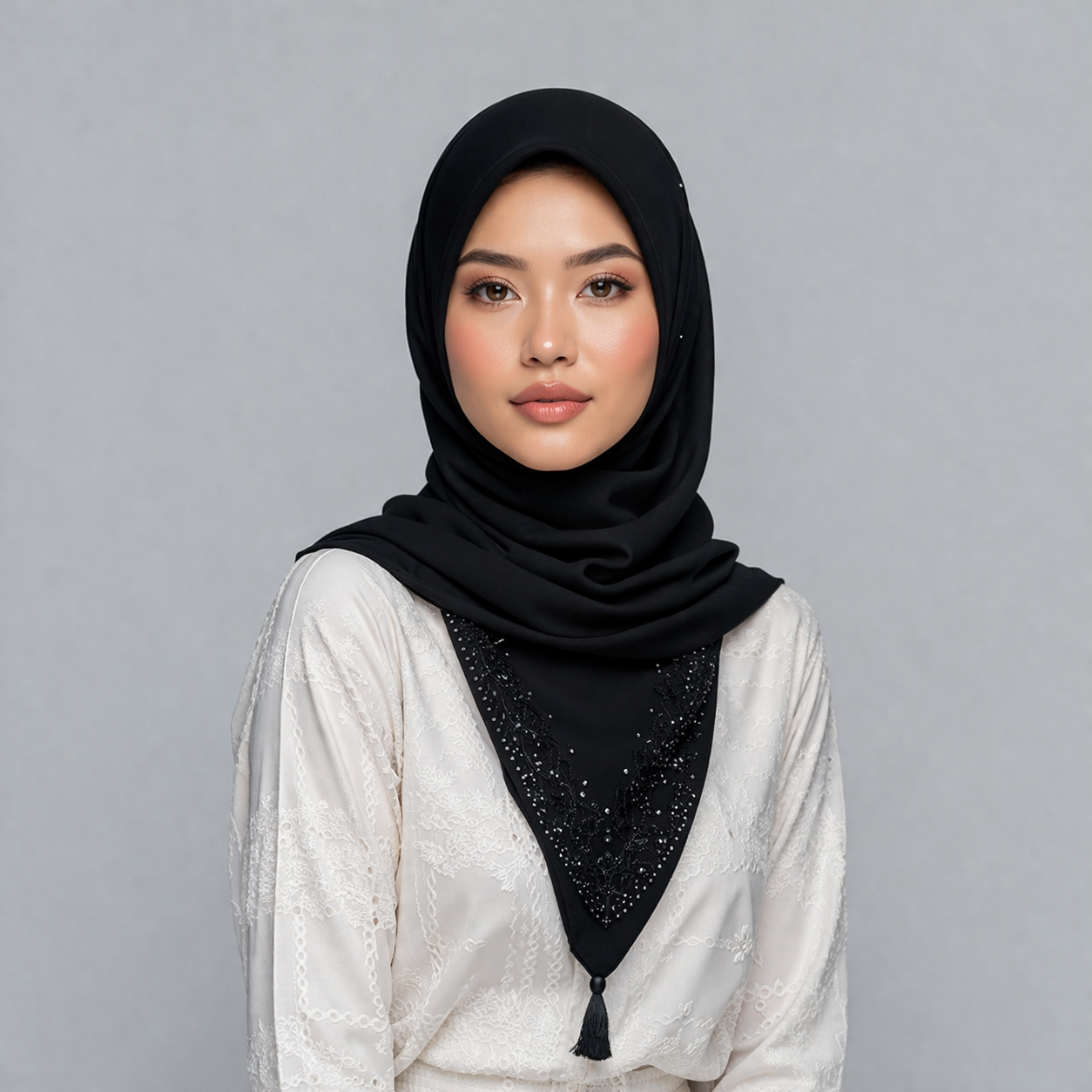 Black embroidered square hijab with tassel detail