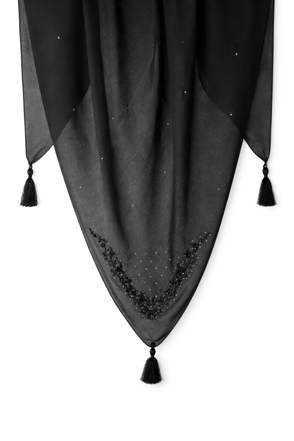 Black embroidered square hijab detail with tassel and rhinestones