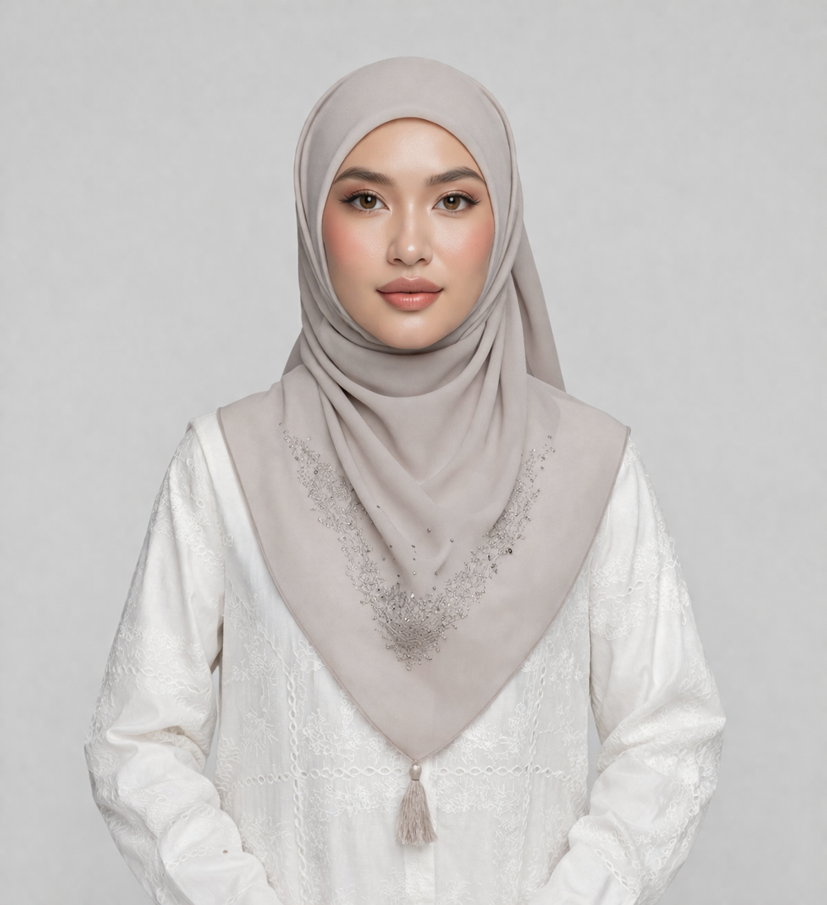 Sandy beige embroidered square hijab with tassel detail