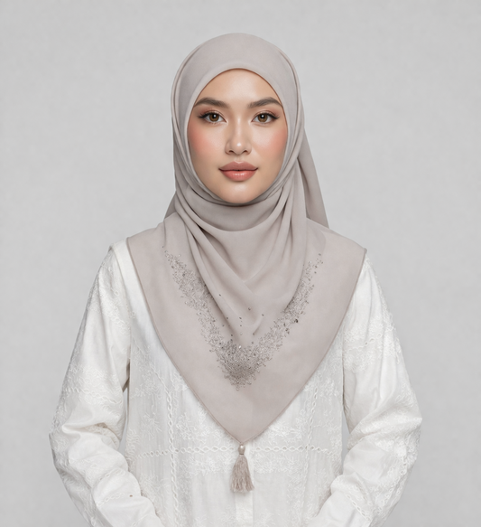 Sandy beige embroidered square hijab with tassel detail