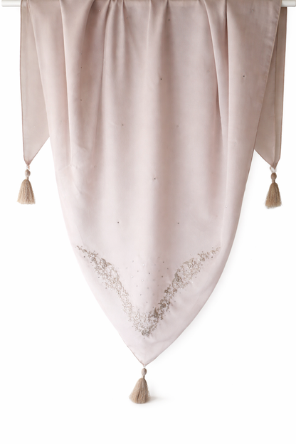 Sandy beige embroidered square hijab detail with tassel and rhinestones