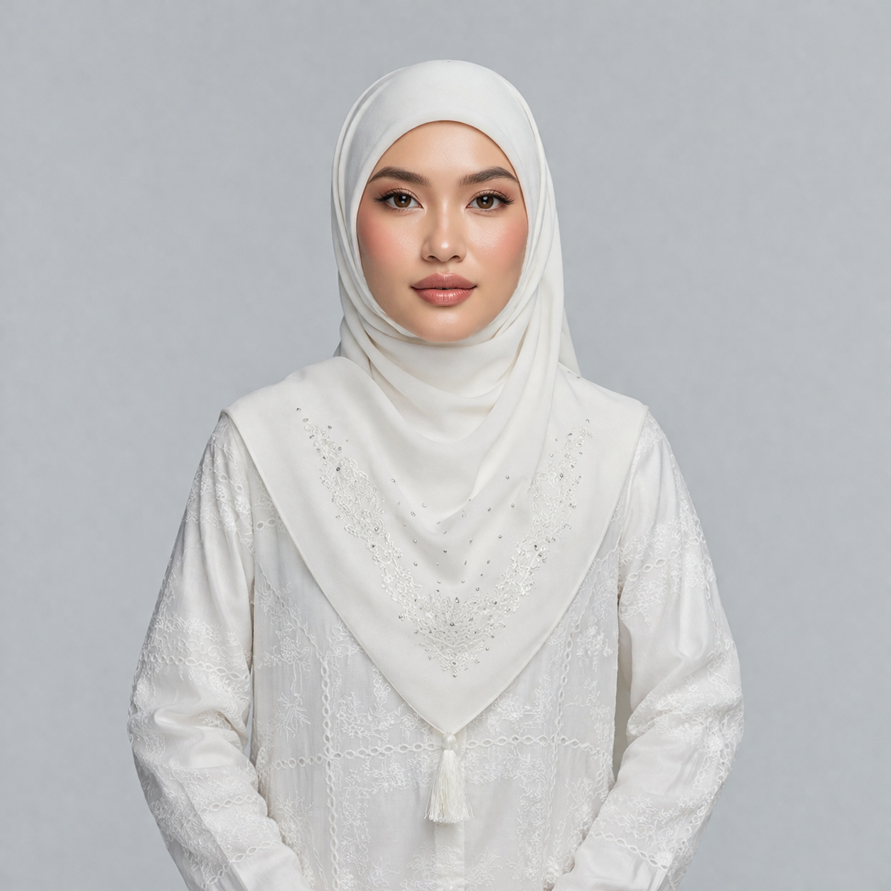 White embroidered square hijab with tassel detail