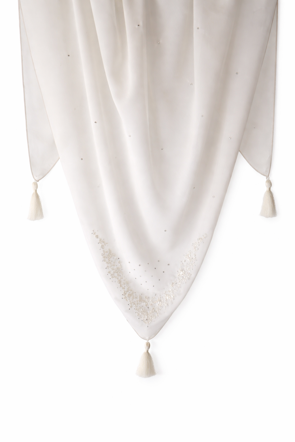 White embroidered square hijab detail with tassel and rhinestones