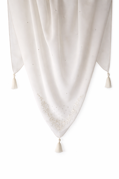 White embroidered square hijab detail with tassel and rhinestones