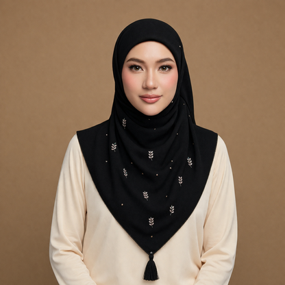 Floral Embroidered Tassel Hijab-Black