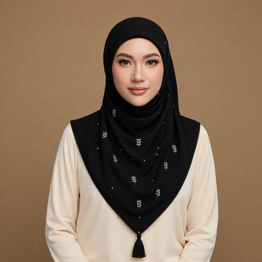 Floral Embroidered Tassel Hijab-Black