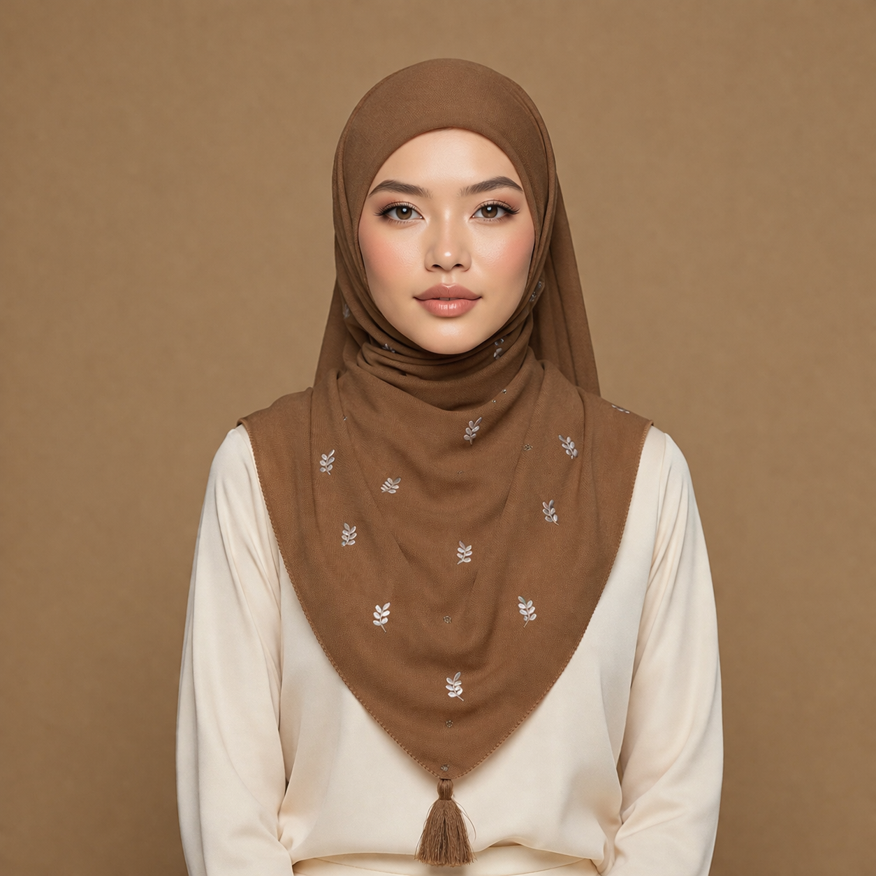 Floral Embroidered Tassel Hijab-Rich Brown