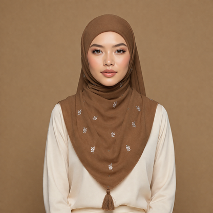 Floral Embroidered Tassel Hijab-Rich Brown