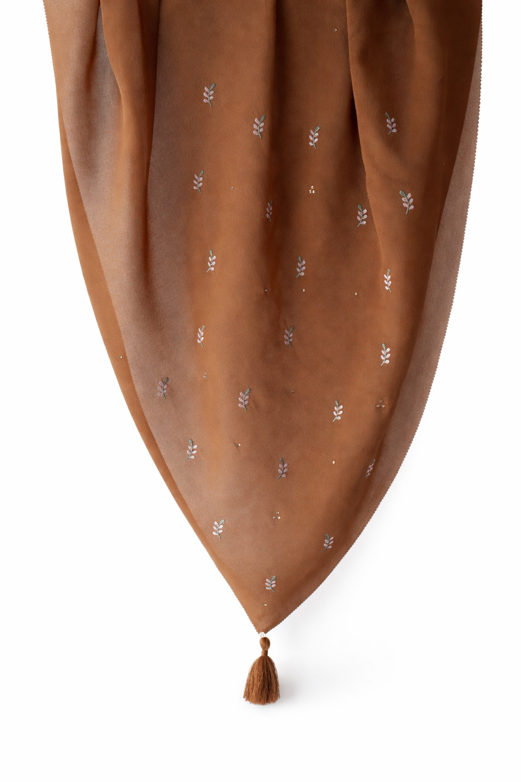 Floral Embroidered Tassel Hijab-Rich Brown