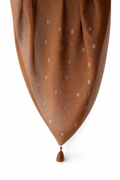 Floral Embroidered Tassel Hijab-Rich Brown
