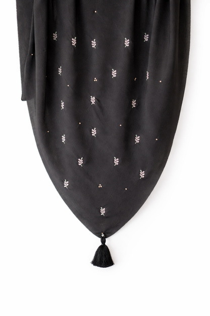Floral Embroidered Tassel Hijab-Black