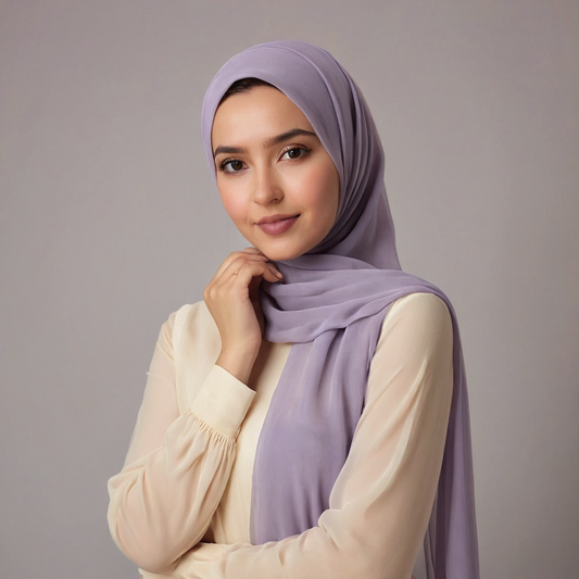 Lavender chiffon hijab worn by model – soft lightweight elegant fabric