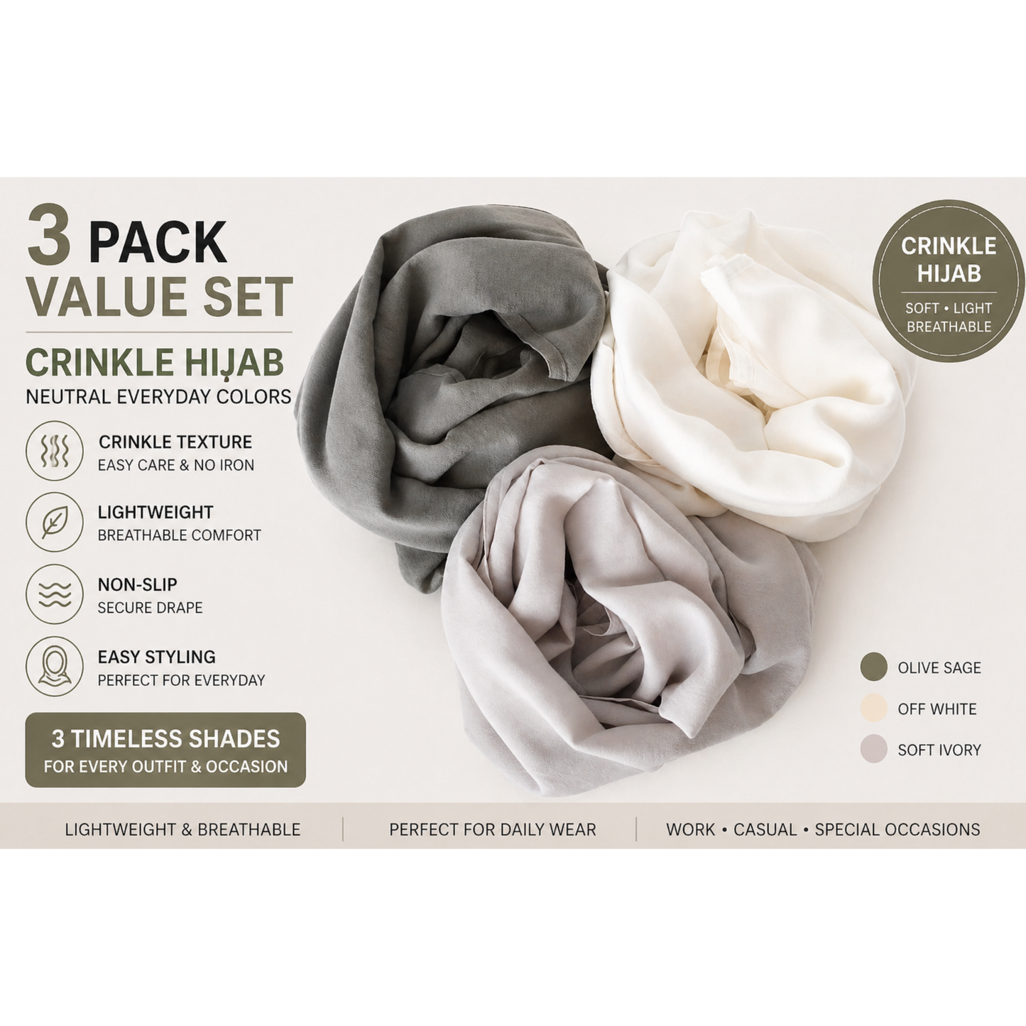 3 Pack Crinkle Hijab Neutural Set