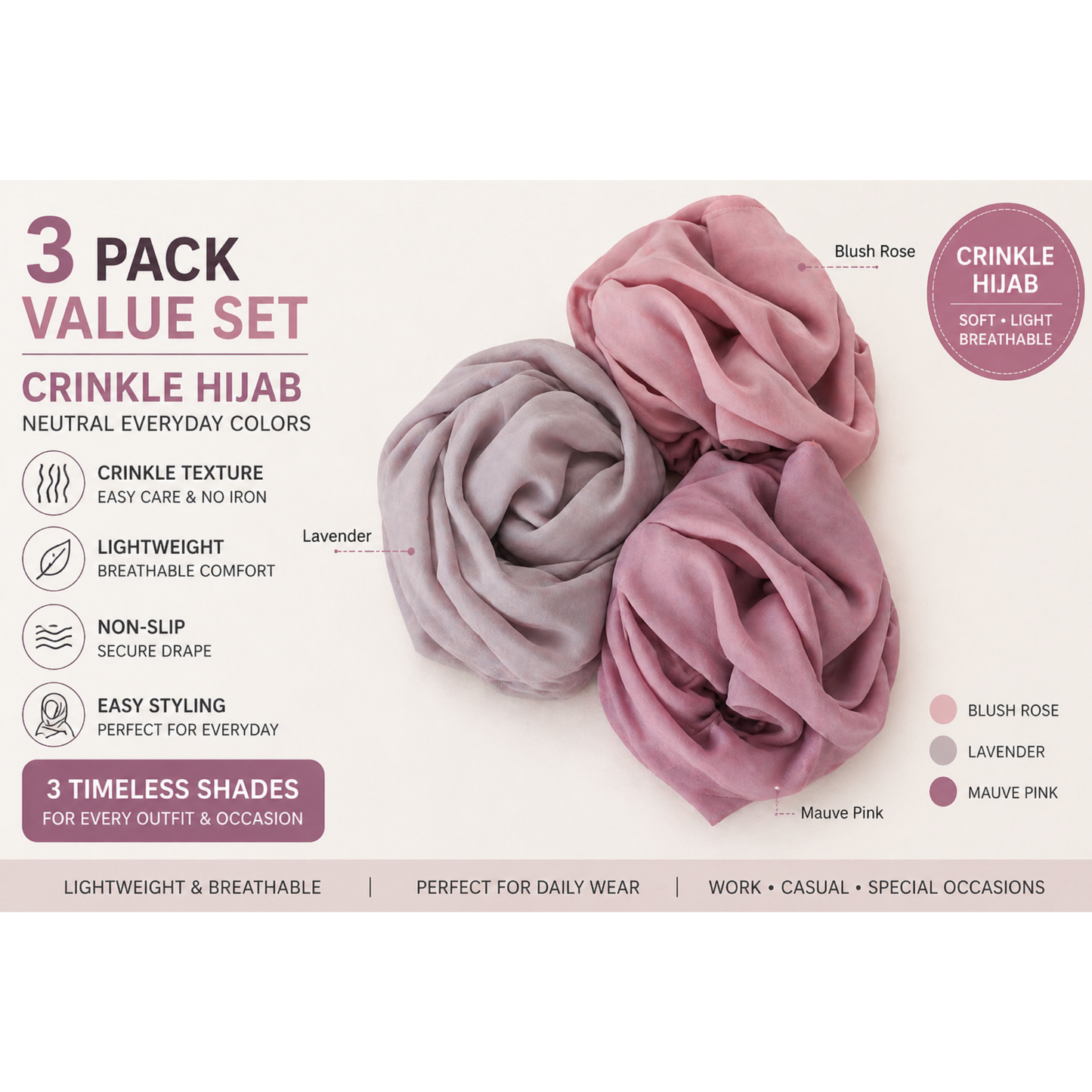 3 Pack Crinkle Hijab Soft Pastel Set